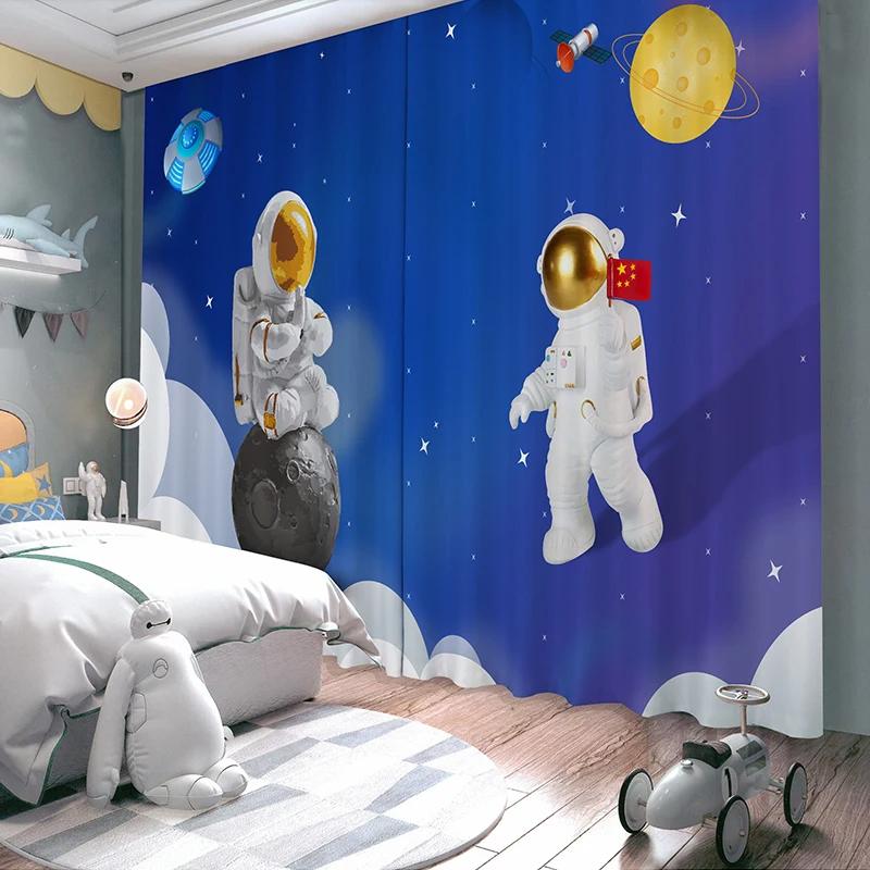 Новые затемняющие шторы с рисунком из мультфильма «Земля, планета, космос, астронавт, ракета», шторы с высокой степенью затемнения для детской комнаты, шторы для гостиной