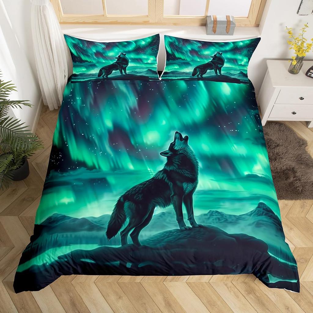 Wolf Warm Comforter Cover King Quen,Safari Animal Beding Set for Young Boys Adult Peoples Wild Wolves Soft Duvet Cover Smoky Mountain Comfortable