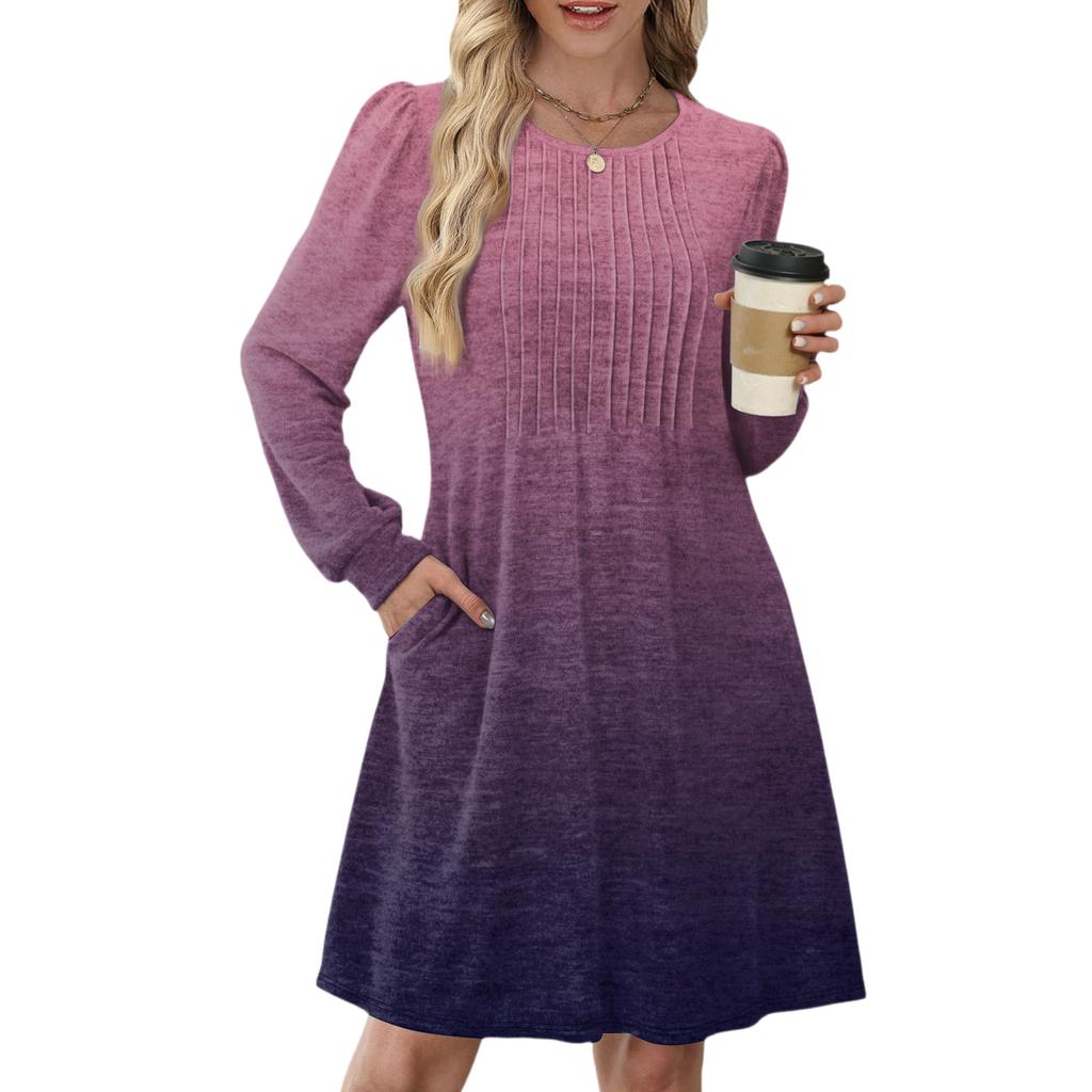 Женское повседневное платье с длинным рукавом, плиссировкой, круглым вырезом, градиентным принтом и карманами