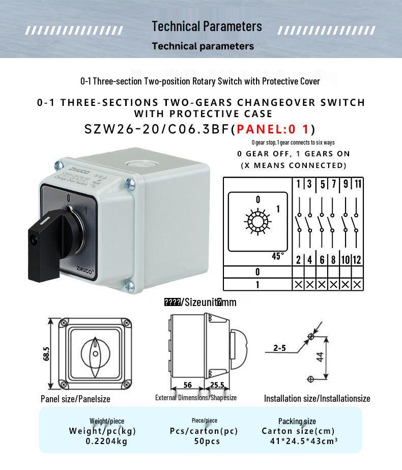 Zhuochao SZW26 Panel 3-Section 2-Position Changeover Switch with Protective Box