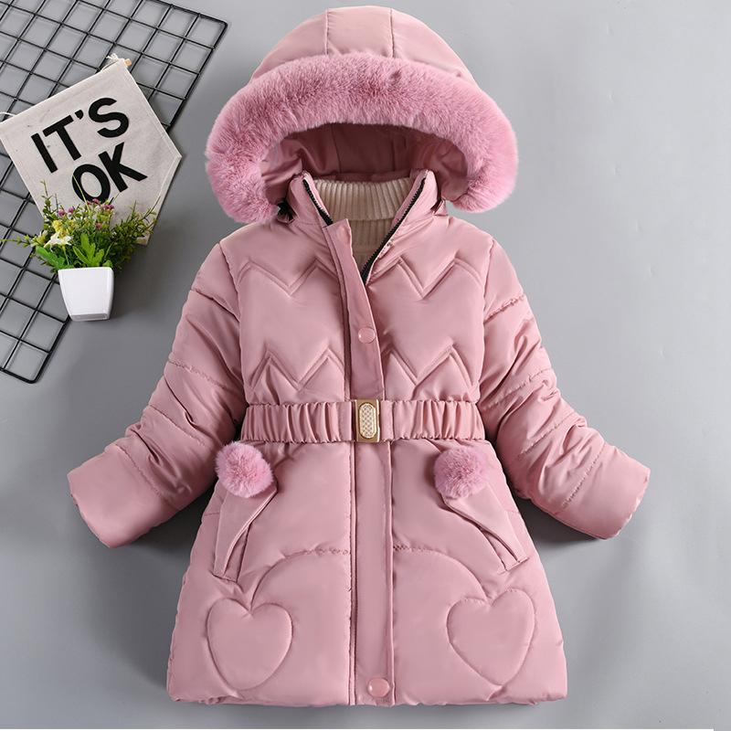 Winter Clothes Girls Medium To Long Length Coat Kids Snow Puffer Jacket Hooded Warm with Waist Belt and Pockets