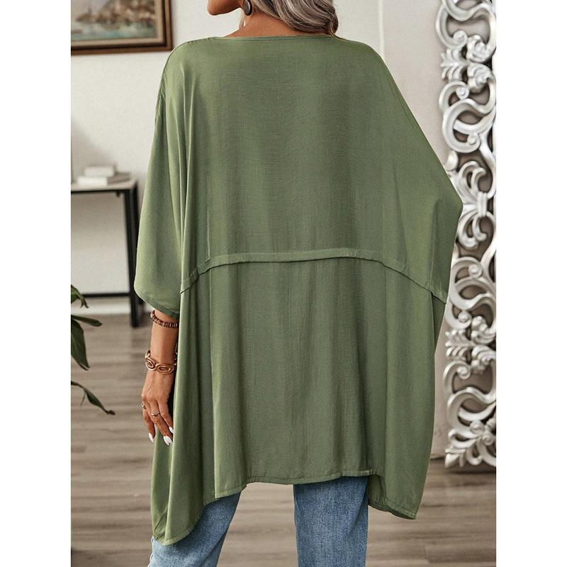 Модная новая свободная повседневная рубашка с рукавами «летучая мышь», женская элегантная блузка с круглым вырезом и однотонным принтом больших размеров для женщин, летняя простая офисная женская рубашка, топы 25905