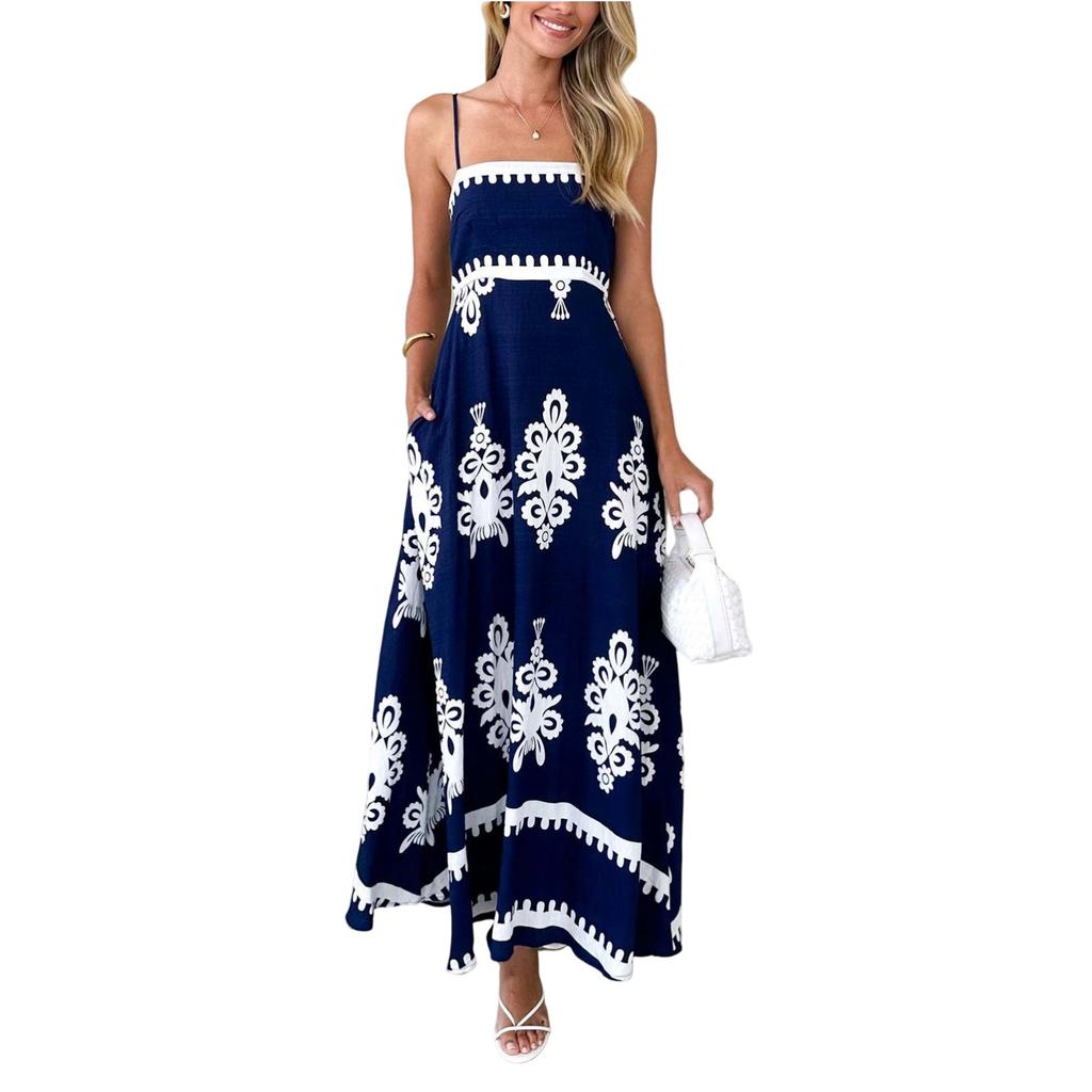 Женское модное летнее пляжное платье с принтом, длинное платье в стиле бохо на бретелях