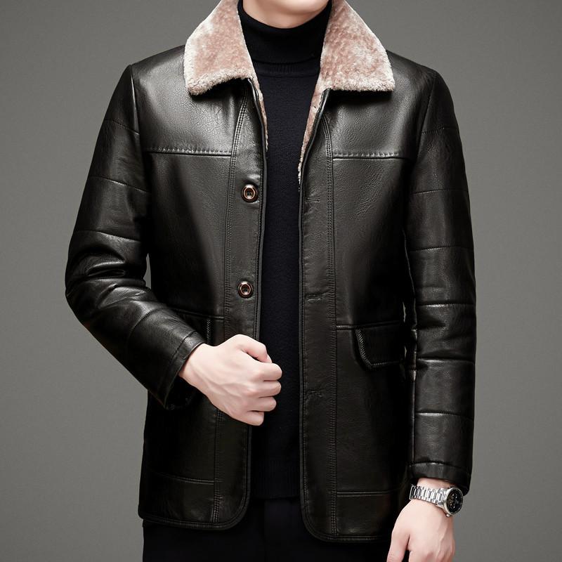 Пуховик из натуральной кожи, мужская куртка из овчины, утолщенное повседневное пальто с лацканами, пальто большого размера