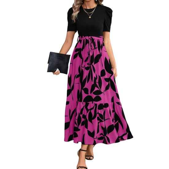 Летнее платье с круглым вырезом, коротким рукавом, высокой талией, длинное платье, сшитое из нескольких частей