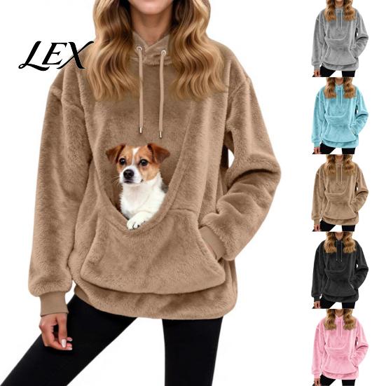 Casual Winter Hoodie Women Pet Pouch Hoodie, Oversized Fuzzy Hooded Sweatshirt with Kangaroo Warm Fleece Pullover Top Pouch, Dog Cat Carrying for Fall