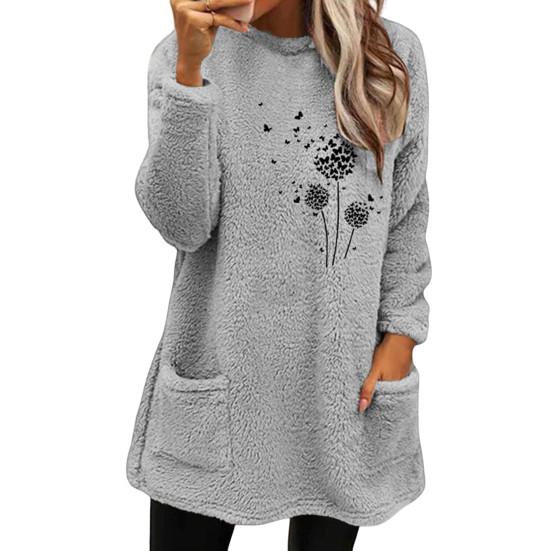 O-Neck Long Sleeves Pockets Mid-Length Winter Sweatshirt Women Loose Fit Embroidery Cat Pattern Fleece Pullover Top