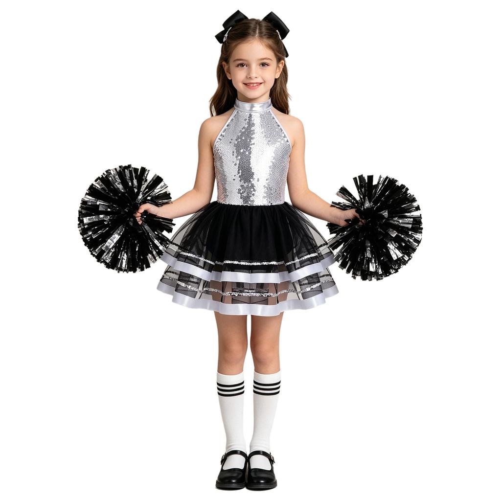 Girls Cheerleading Outfit Sleeveless Halter Sparkling Sequins Backless Tulle Tutu Dress Flower Balls Headwear Socks Set