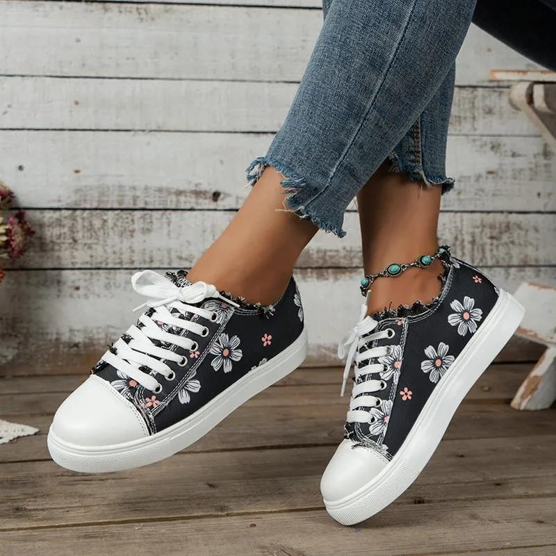 Fashion Women's Sneakers Design Round Toe Flower Print Canvas Sneakers All Match Outdoor Walking White Shoes Women Zapatos Para Mujeres