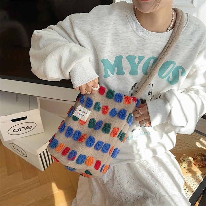 Плюшевая сумка-ведро, женская сумка, сумка через плечо, портативная сумка через плечо, сумка для хранения покупок