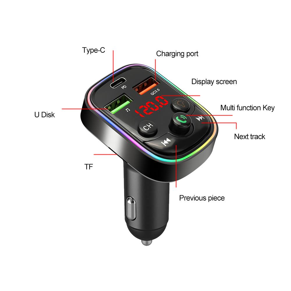 Автомобильный Bluetooth 5.0 FM-передатчик Dual USB PD Быстрое зарядное устройство Цветные огни Беспроводной Handsfree Аудиоприемник MP3-плеер Автомобильный комплект