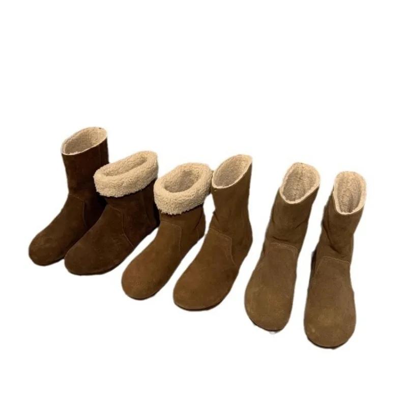 Ретро женские ботинки Высокие женские туфли Зимняя женская обувь Плюшевые короткие ботинки Женские с круглым носком Модные замшевые ботинки Ботас