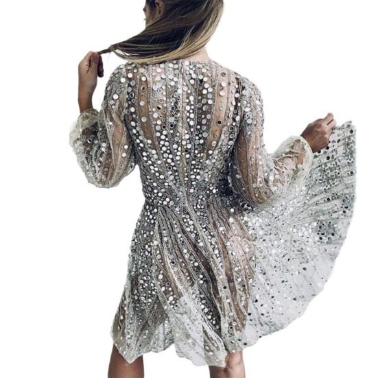 Вечернее платье с глубоким V-образным вырезом, прозрачным сетчатым платьем А-силуэта, коротким платьем с длинными рукавами-фонариками для выпускного вечера и коктейльной вечеринки