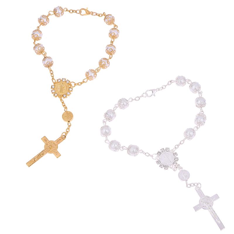 Car Pendant Bling Retro Imitation Pearl Metal Jesus Cross Car Rear View Mirror Hanging Ornament Cross Hanging Decoration