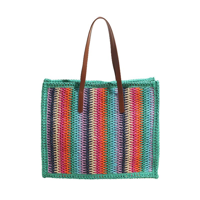 Сумка Женская Летняя Соломенная Сумка Новая Плетеная Цветная Полосатая Сумка-Тоут Модная Большая Вместимость На Плечо