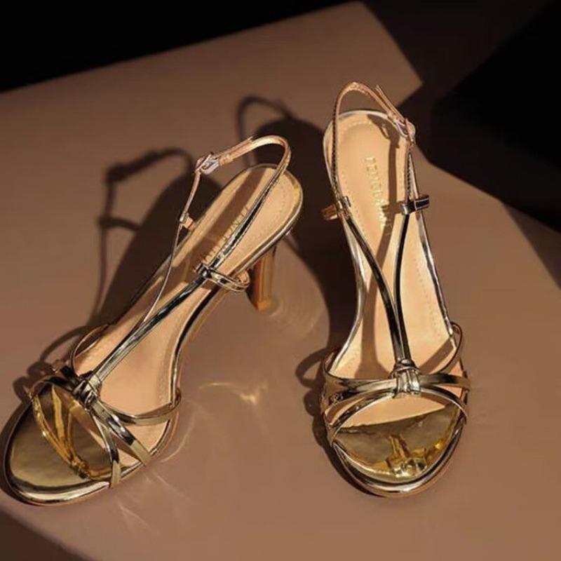 Gold High Heels Women Summer New Line With Thin With Silver Temperament Lady Style Strappy Sandals