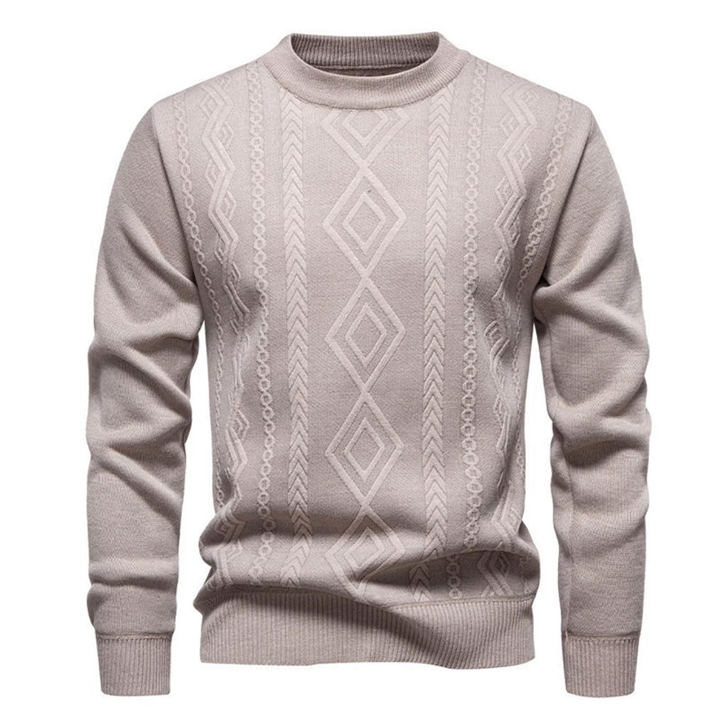 Men's Solid Color Textured Sweater Plus Velvet Thickened Casual Round Neck Warm Knitted Pullover