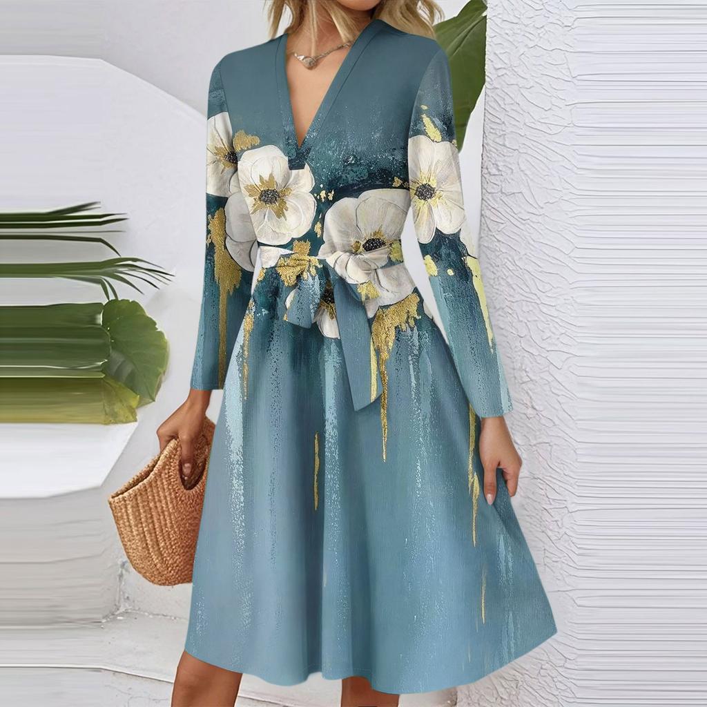Women's Fashion Casual V-Neck Long Sleeve Waist Floral Print Midi Dress