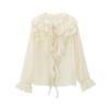 Women's White Ruffled Semi-Transparent Round Neck Tie Long Sleeve Layered Shirt - New French Autumn Design