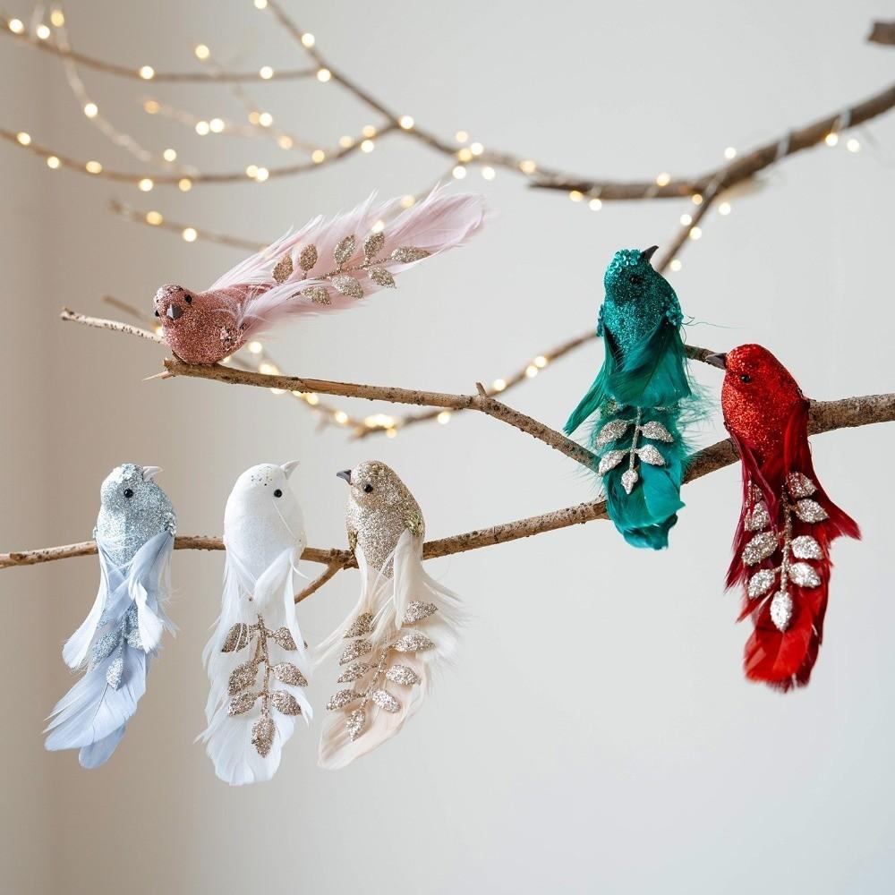 1pair Glitter Finish Artificial Bird Ornament Long Feather Tail Simulated Bird Decor Christmas Tree