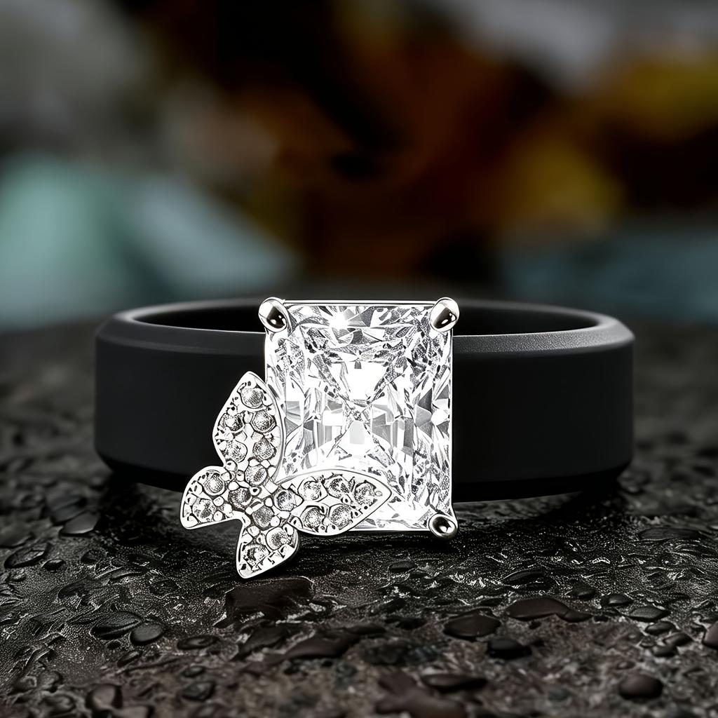 Women Butterfly Rectangle CZ Silicone Ring Two-tone Sparkling Butterfly Ring Comfort Sport Wedding Stackable Jewelry