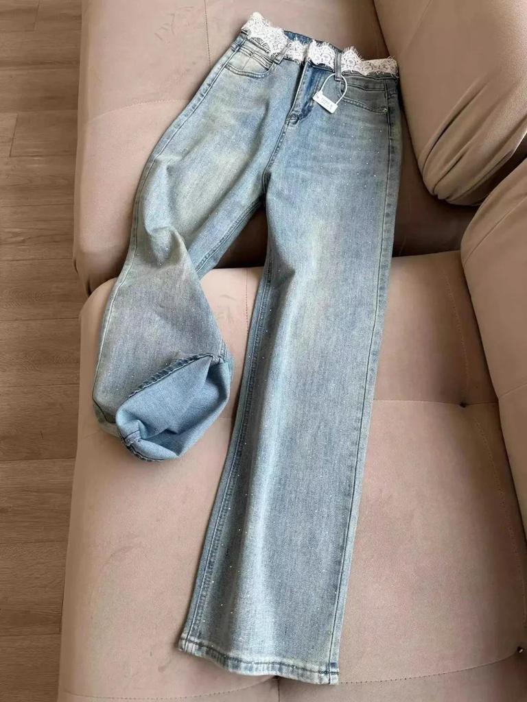 Женские джинсы с высокой талией и стразами - Широкие штанины, Свободный крой, Длина в пол, Летний стиль