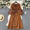 Black White Brown Women Spring Autumn Dress Vintage Ethnic Style Lantern Long Sleeve Embroidered Round Neck Slim A Line Cotton Linen Dress