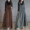 Корейский стиль Осень Зима Женский Большой размер Сарафан Подтяжки Коричневый Синий Зеленый Повседневное Свободное Платье Без рукавов Стильное Мешковатое Джинсовое Платье EMA