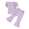 Toddler Girls Spring Outfits Fly Sleeve Solid Color Rib T-Shirts Tops Elastic Waist Flare Pants 2Pcs Clothes Set