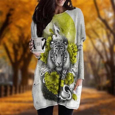 Новинка осени с принтом тигра и цветка плюс размер платья женские с круглым вырезом и длинными рукавами повседневные платья с карманами