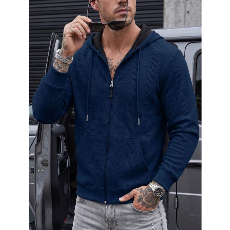 Men S Casual Waffle Texture Jacquard Hooded Zip Up Sweatshirt With Pockets