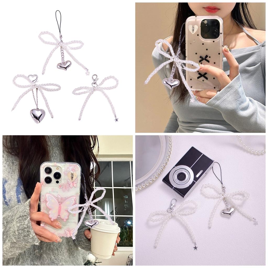Sweet Bowknot Phone Chain Ornament Heart Beaded Cellphone Pendant Phone Lanyard Bag Charm for Fashionable Individuals