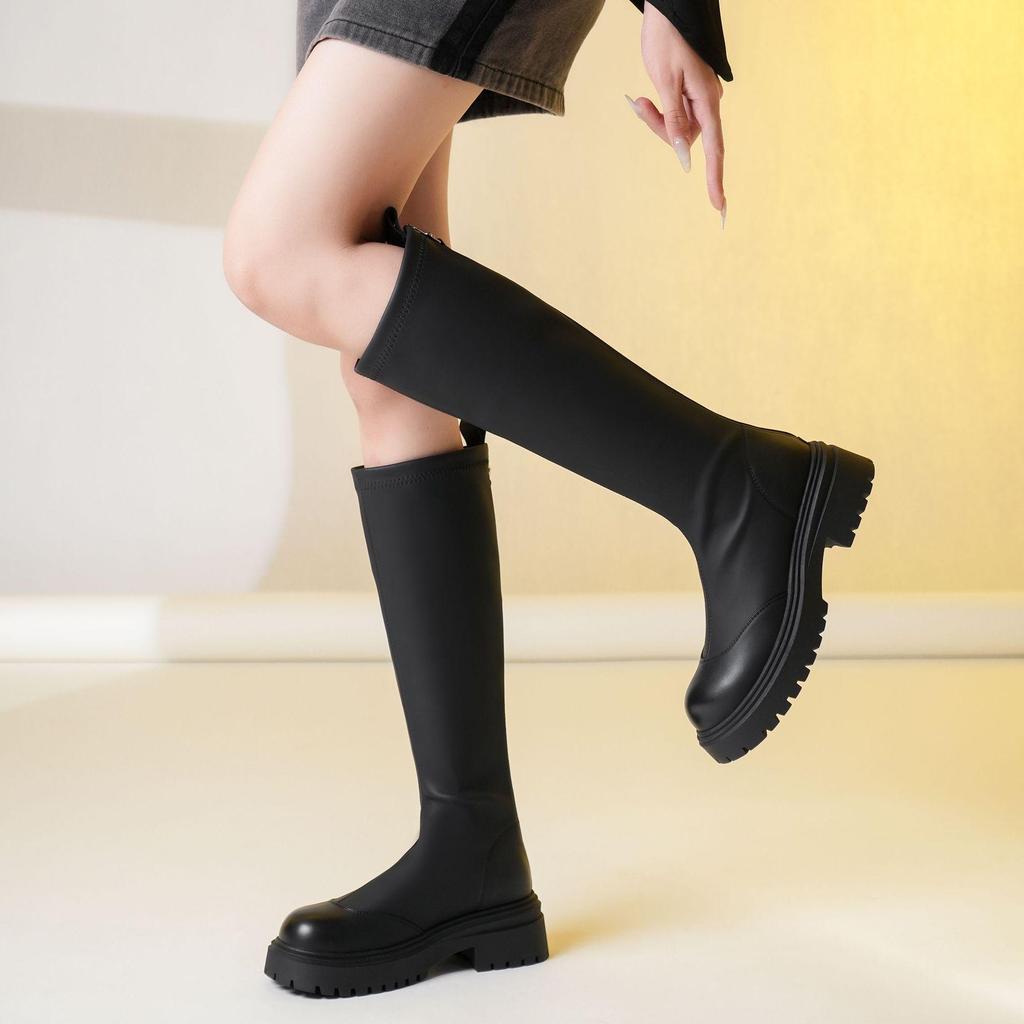 M95005 Long Knight Boots: Simple Zipper, Thick Sole, Height Increase, All-Match for Autumn/Winter.