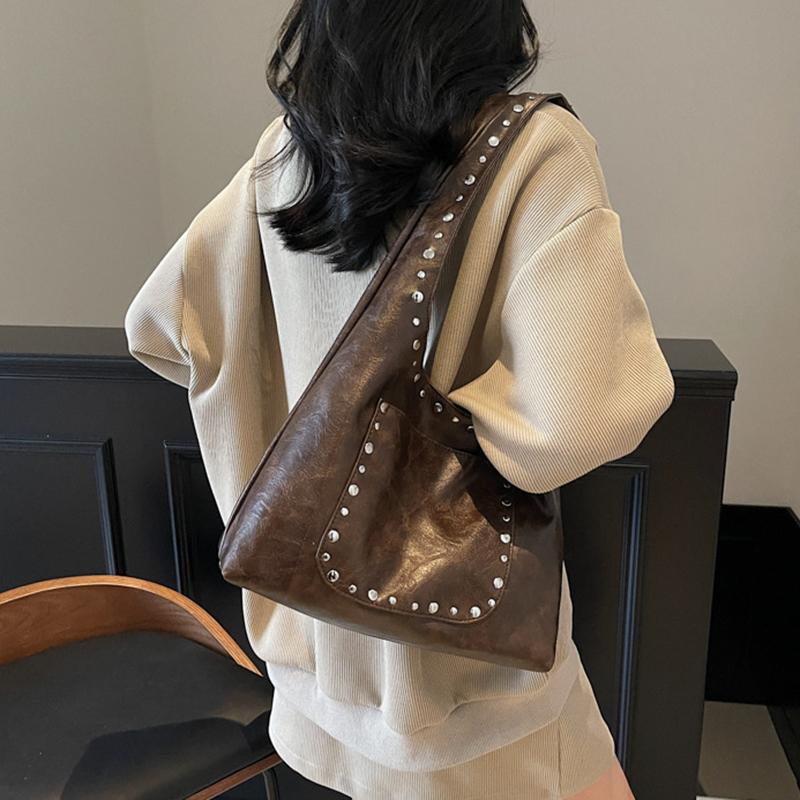 Женская ретро сумка-тоут с заклепками, однотонная, для поездок на работу, путешествий, шопинга, универсальная, большой вместимости, на плечо, CLE