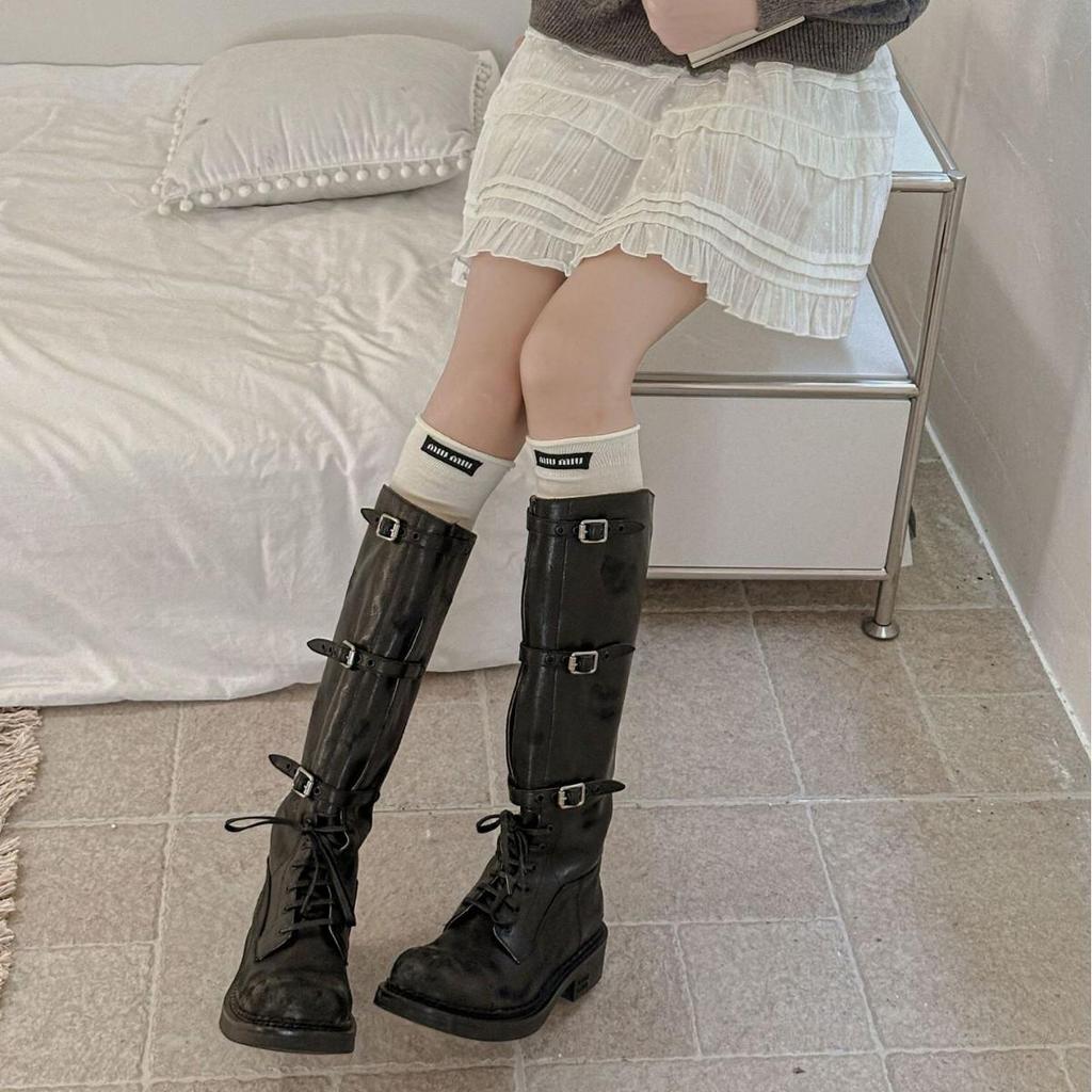 Gray Ballet Scrunched Over-the-Knee Socks for Women - Spring/Autumn Calf-Length with Miu Style Label