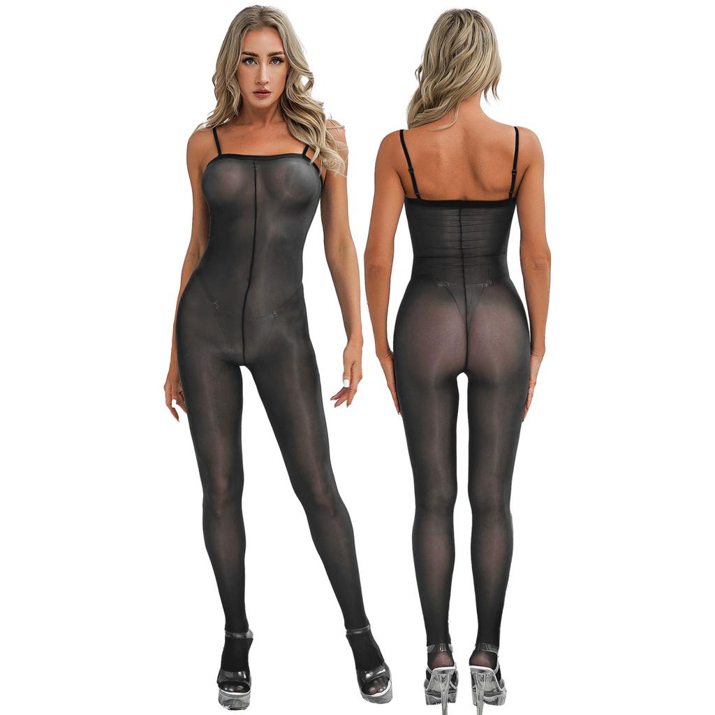 Womens Glossy Sheer Bodysuit Solid Color Spaghetti Straps Jumpsuits Bodystocking