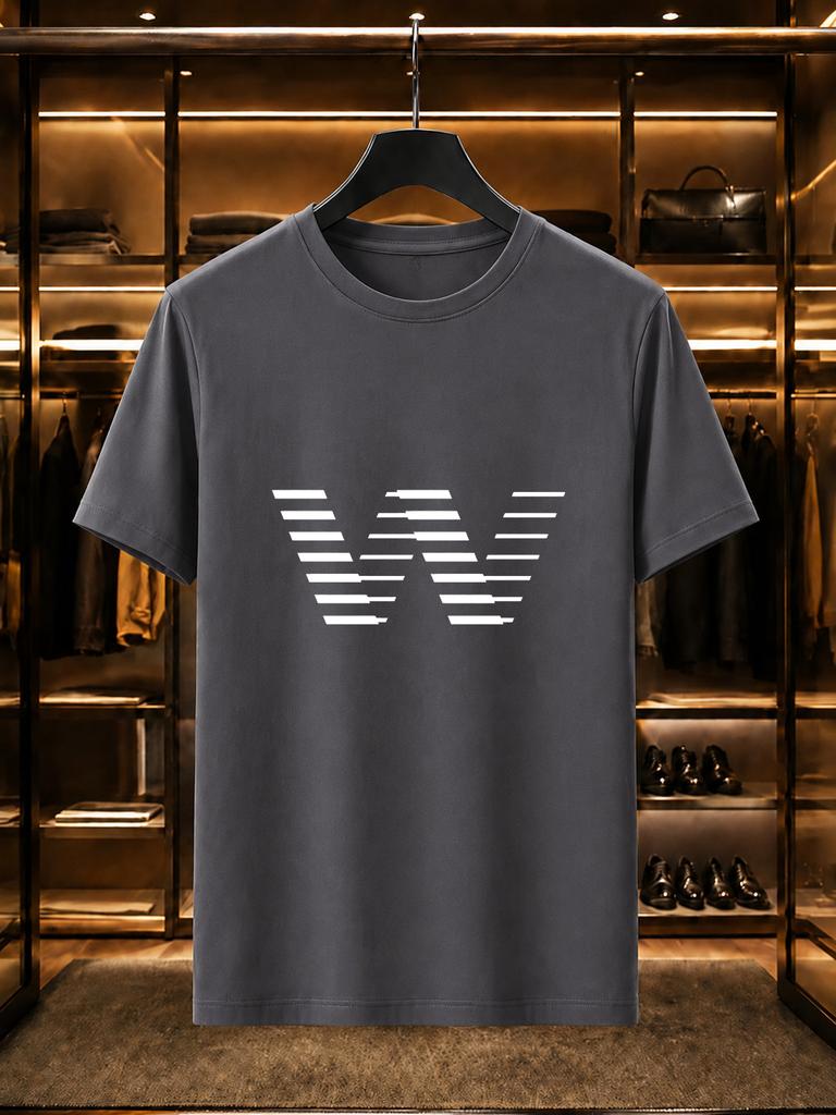 2026 New Arrival 100 Cotton Tshirt Strip Splicing Creative Big W Letter Minimal Print Crew Neck Casual Short Sleeve
