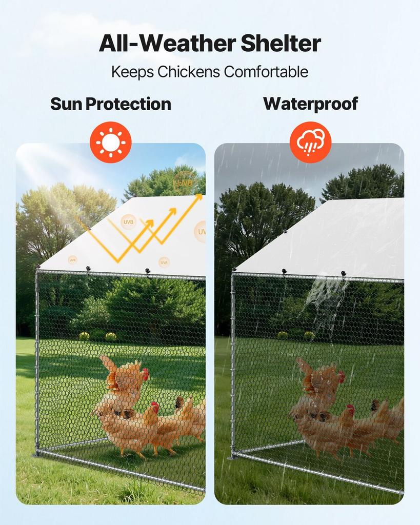 Metal Chicken Coop, 6.56x6.56x6.56ft Large Walk-in Chicken Runs with Cover, Spire Roof Hen House Enclosure with Security Lock, Outdoor Duck Rabbit