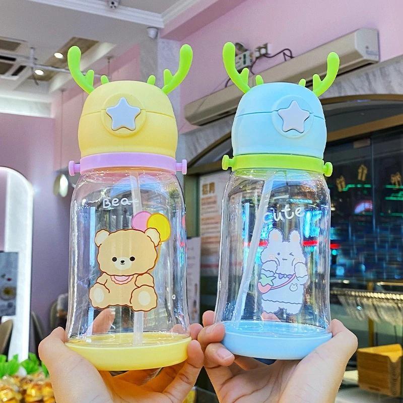 600 мл детская бутылочка для путешествий на открытом воздухе, школа, милая детская бутылочка для воды с мультяшными животными и плечевым ремнем для мальчиков и девочек