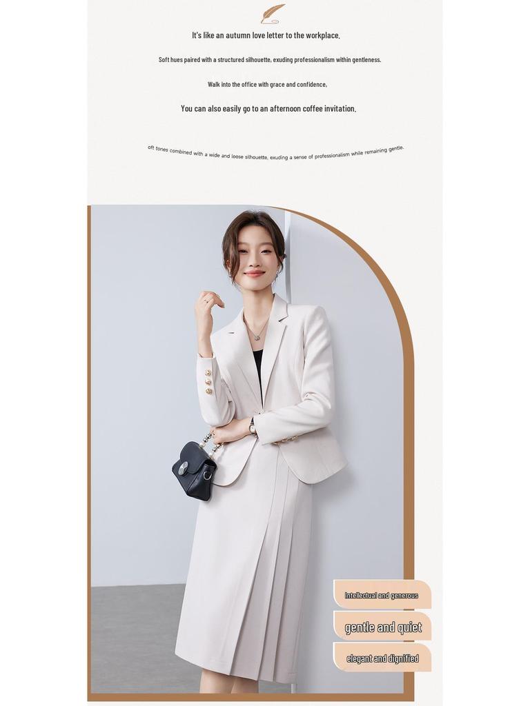 Women's Apricot Silver Suit Jacket & Midi Skirt Set - Spring/Autumn 2025, Slim Fit, High-End Two-Piece