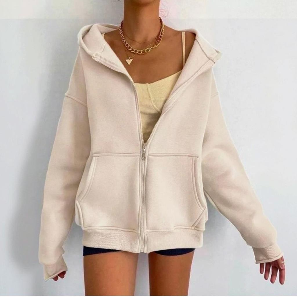 Women's Plain Color Casual Zipper Hooded Cardigan Coat With Pockets
