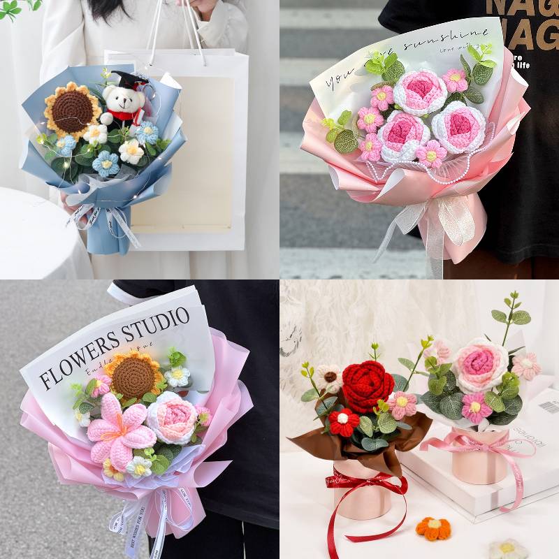 Pink Crochet Flower Bouquet Handmade Knitted Flowers Crochet Lily Roses Sunflowers Bouquet Birthday Graduation Mother's Day Gift
