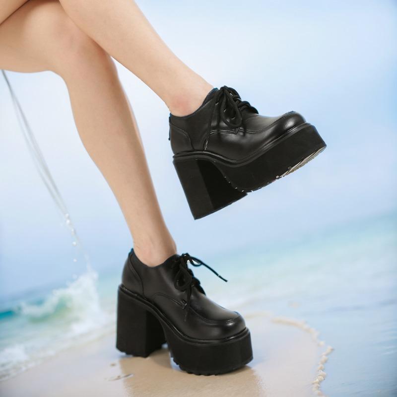 11см Сверхвысокий каблук Водонепроницаемая платформа Новые женские больших размеров 35-40 Шнуровка Толстая подошва Круглый носок Одинарная обувь Zapatos Mujer