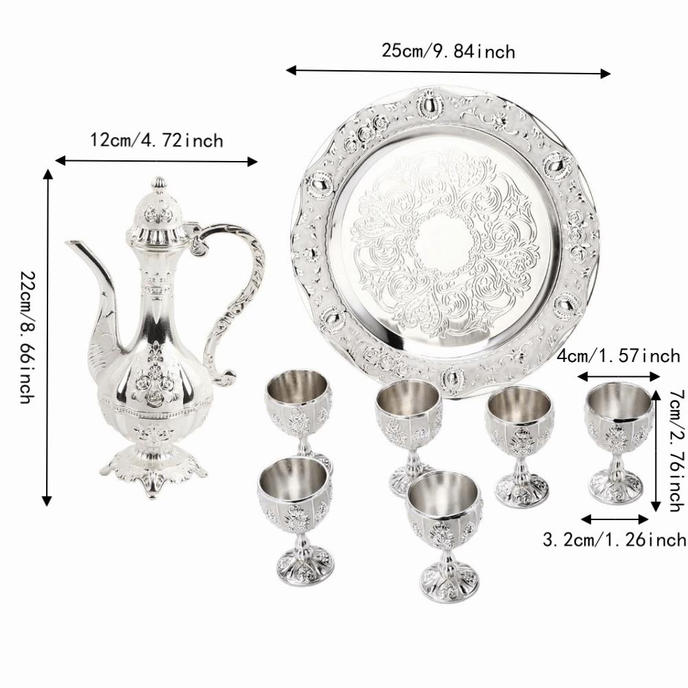 8pcs Embossed Floral Pattern Wine Jug Set Silver White European Wine Glasses Home Decoration