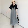 2023 Plus Size T-Shirt Dress Summer Women Cotton Dress Loose Beach Casual Female Mesh V-Neck Two-Piece Dress Black A-Line Dress