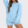 Women's Comfortable Casual Fashionable Solid Color Round Neck Sweatshirt Shorts Two-piece Set
