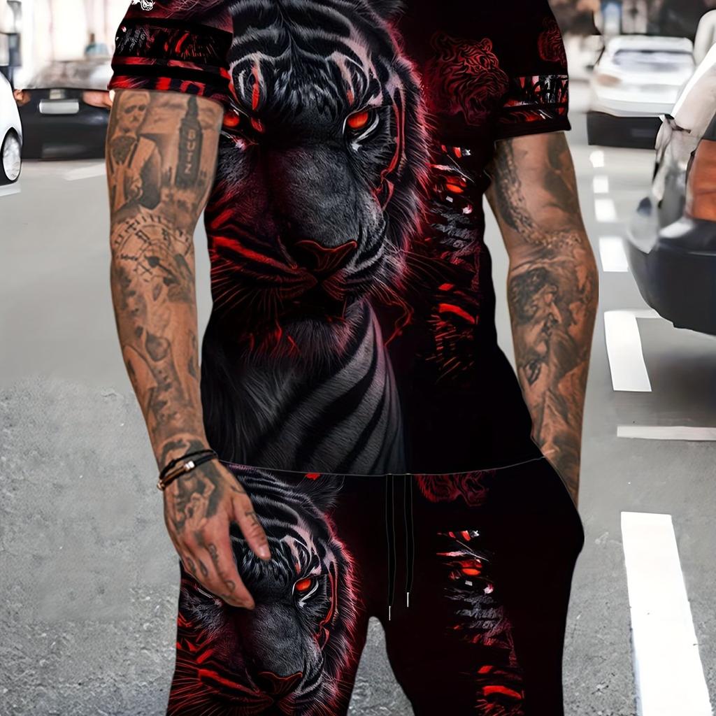 Lion 3d Pattern, Mens 2 Piece Outfits, Short Sleeve Comfy T-shirt And Casual Shorts Set For Summer, Men's Clothing