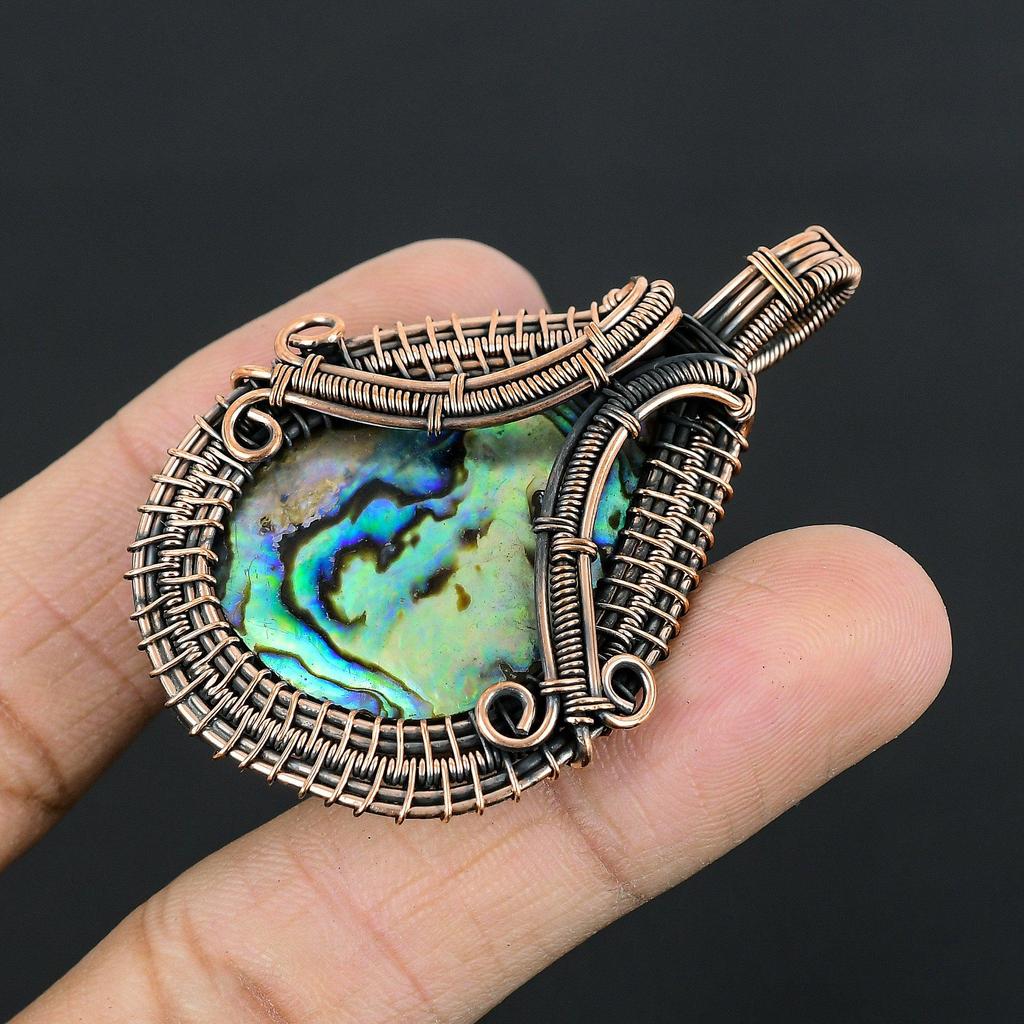 Abalone Shell Pendant, Handmade Gemstone Pendant, 999 Copper Wire Wrapped Pendant Antique Jewelry, For Engagement Gift