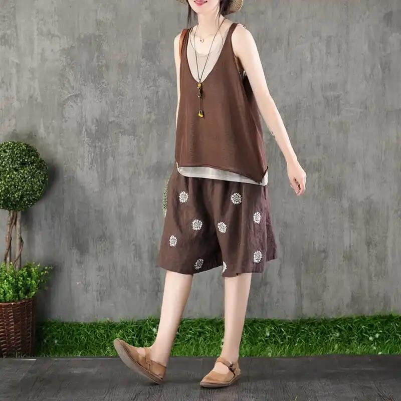 Винтажные брюки с вышивкой размера плюс пять четвертей, универсальные женские широкие шорты из хлопка и льна