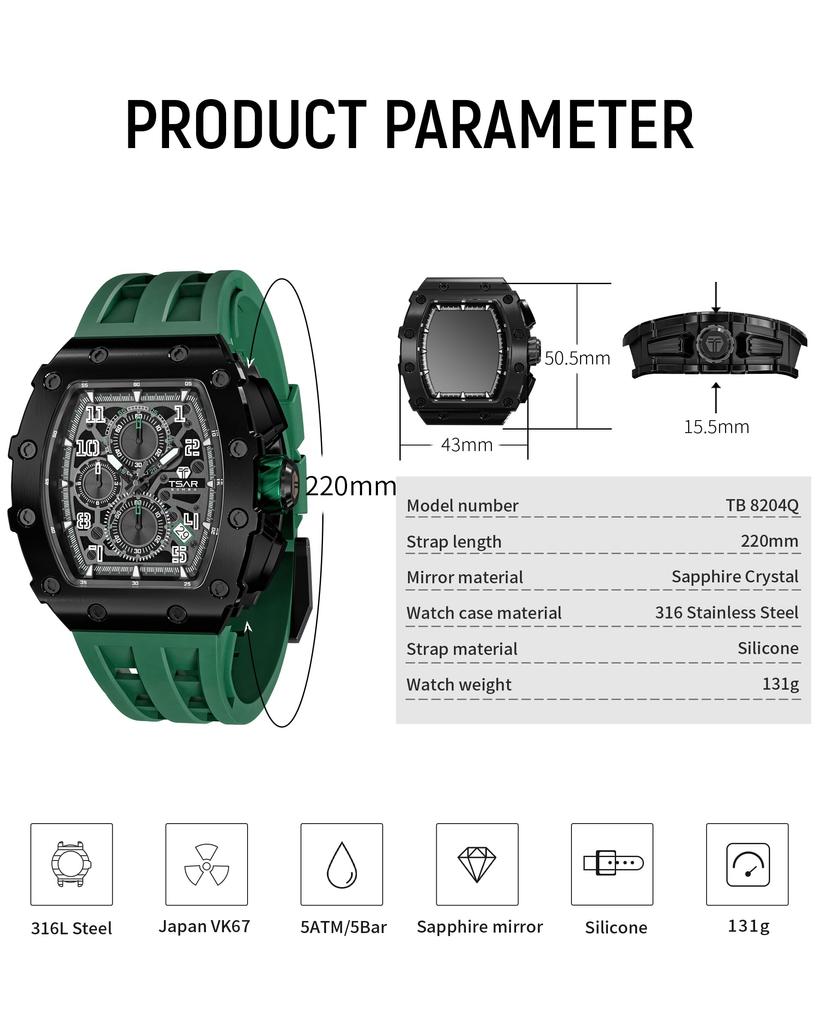 Часы TSAR BOMBA 50M Водонепроницаемые часы Простые и классические часы с циферблатом Tonneau Роскошный силиконовый ремешок из сапфирового стекла и корпус с японским механизмом для мужчин